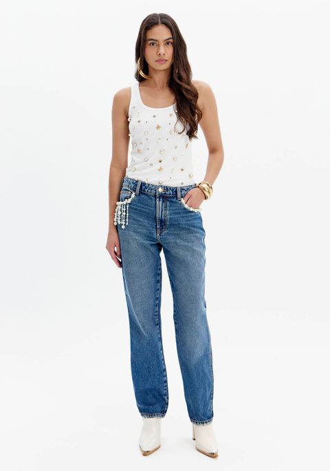 Calça Jeans Boyfriend Cintura Alta Pérolas
