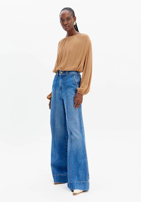 Calça Jeans Pantalona Cintura Alta Com Frisos