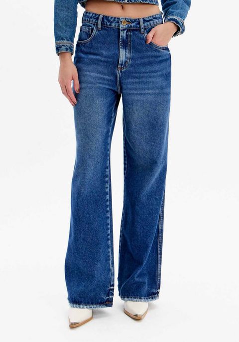 Calça Jeans Full Length Com Cintura Alta E Bolsos