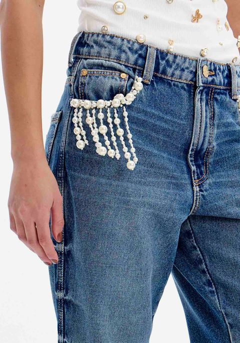 Calça Jeans Boyfriend Cintura Alta Pérolas