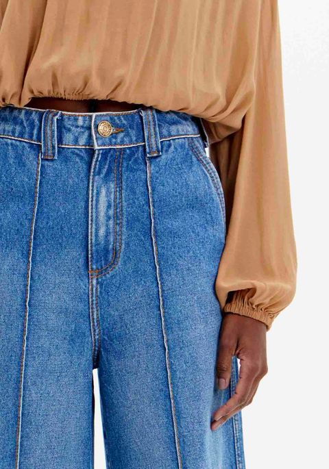 Calça Jeans Pantalona Cintura Alta Com Frisos