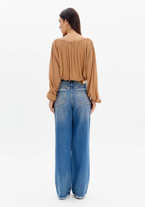 Calça Jeans Full Length Com Cintura Alta E Bolsos
