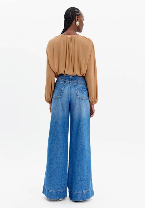 Calça Jeans Pantalona Cintura Alta Com Frisos