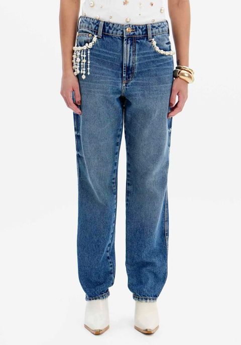Calça Jeans Boyfriend Cintura Alta Pérolas