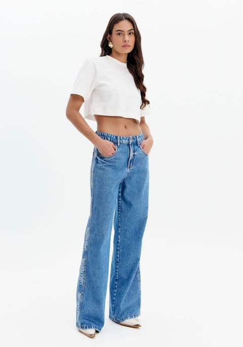 Calça Jeans Wide Leg Com Assinatura Lateral