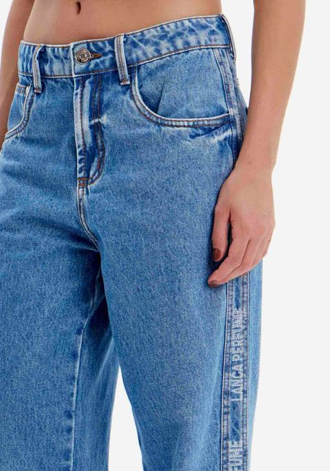 Calça Jeans Wide Leg Com Assinatura Lateral