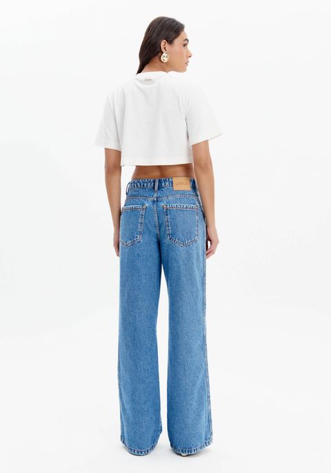 Calça Jeans Wide Leg Com Assinatura Lateral