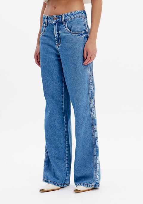 Calça Jeans Wide Leg Com Assinatura Lateral