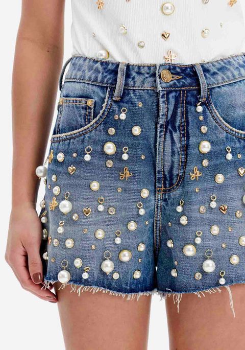 Short Jeans Grandfather Com Aplicações E Cintura Alta