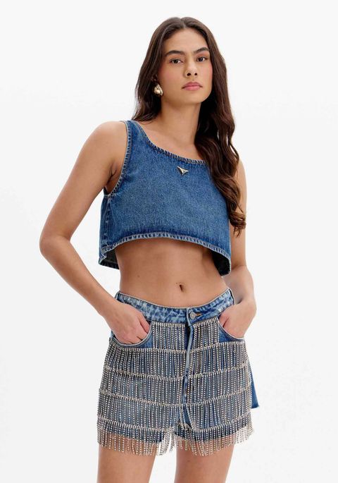 Short Jeans Relaxed Com Franjas