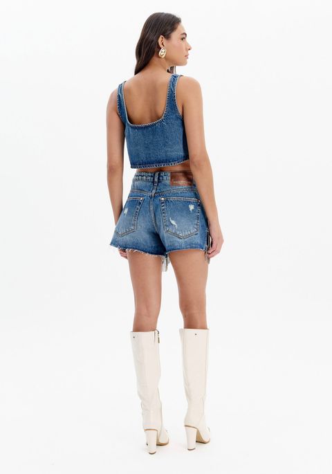 Short Jeans Relaxed Com Franjas