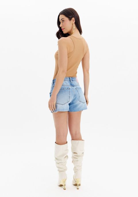 Short Jeans Grandfather Com Cintura Alta E Barra A Fio