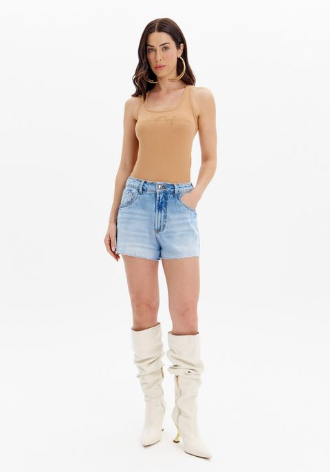 Short Jeans Grandfather Com Cintura Alta E Barra A Fio
