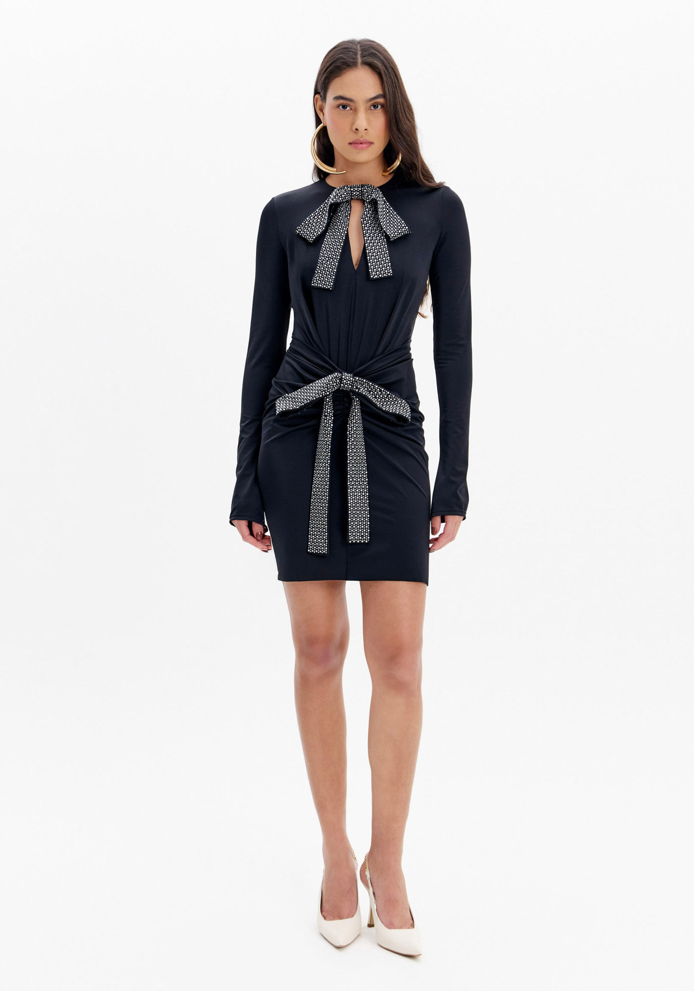 Vestido Curto Manga Longa Laços