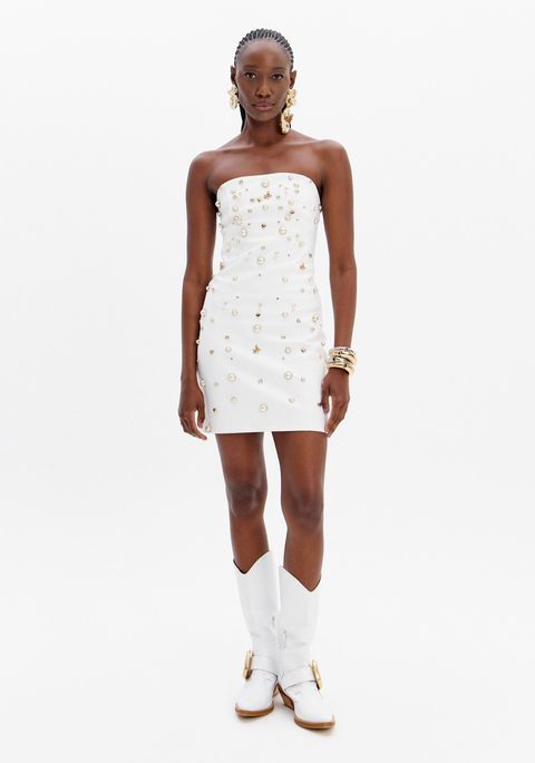 Vestido Curto Sem Alças Com Pingentes