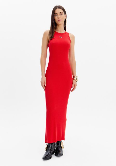 Vestido Canelado Super Midi Com Enfeite Frontal