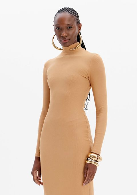 Vestido Canelado Super Midi Justo Com Gola Alta