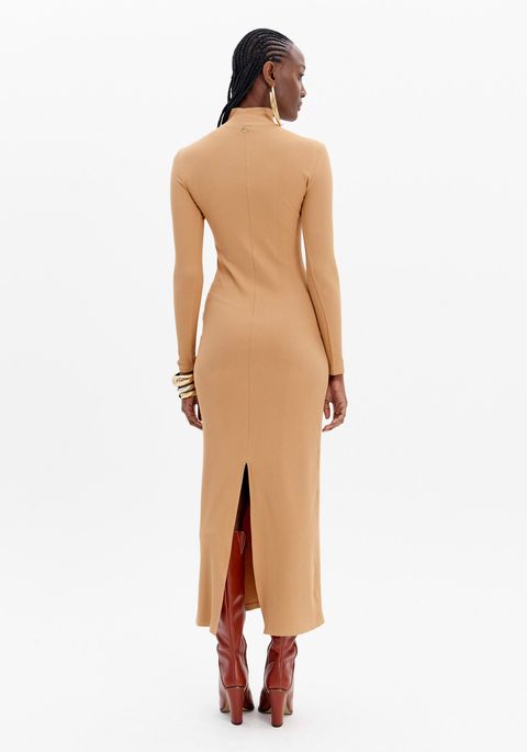 Vestido Canelado Super Midi Justo Com Gola Alta