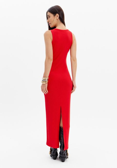Vestido Canelado Super Midi Com Enfeite Frontal