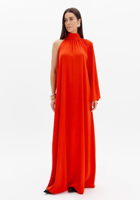 Vestido Longo Fluido Gola Alta Ombro Único