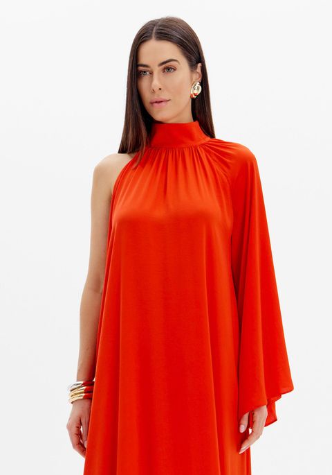 Vestido Longo Fluido Gola Alta Ombro Único