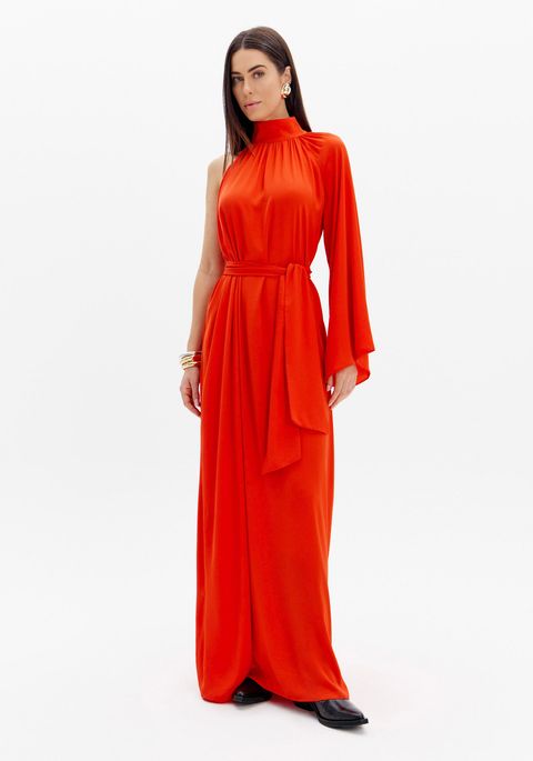 Vestido Longo Fluido Gola Alta Ombro Único