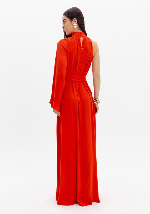 Vestido Longo Fluido Gola Alta Ombro Único