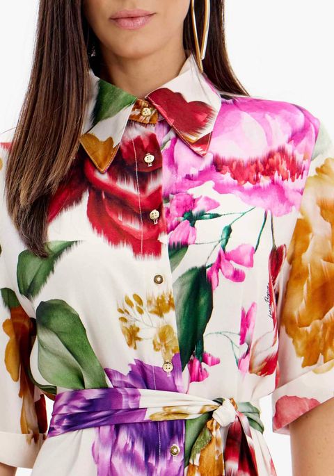 Vestido Chemise Manga Curta Estampado Com Faixa