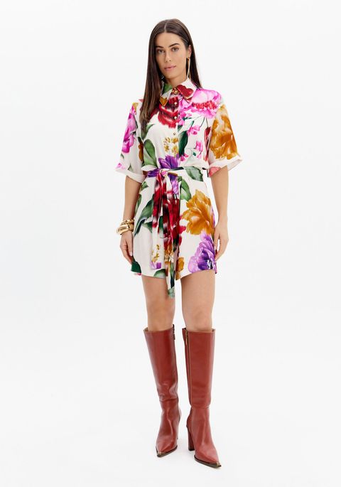 Vestido Chemise Manga Curta Estampado Com Faixa