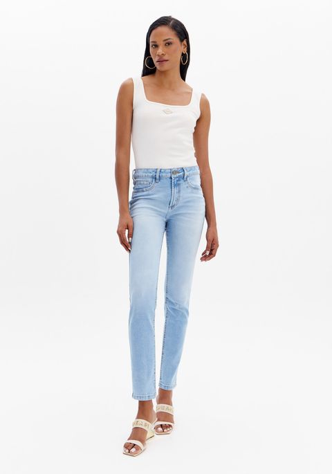 Calça Jeans Skinny Cintura Alta Bolso Bordado