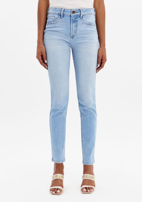 Calça Jeans Skinny Cintura Alta Bolso Bordado