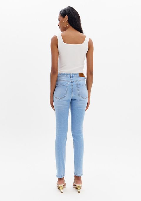 Calça Jeans Skinny Cintura Alta Bolso Bordado