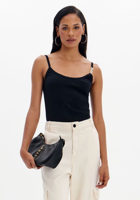 Blusa Regata Canelada De Alças Com Letreiro