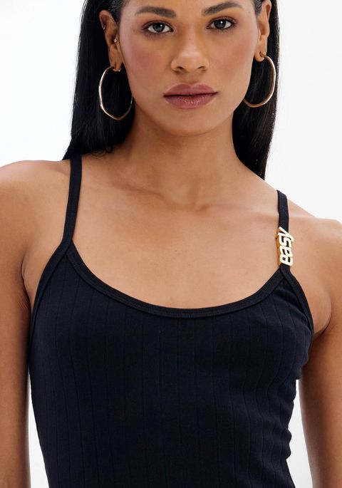 Blusa Regata Canelada De Alças Com Letreiro
