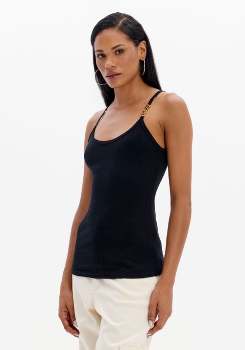 Blusa Regata Canelada De Alças Com Letreiro