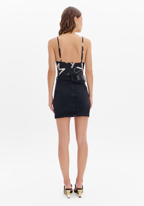 Saia Curta Jeans Cintura Super Alta Brilhos