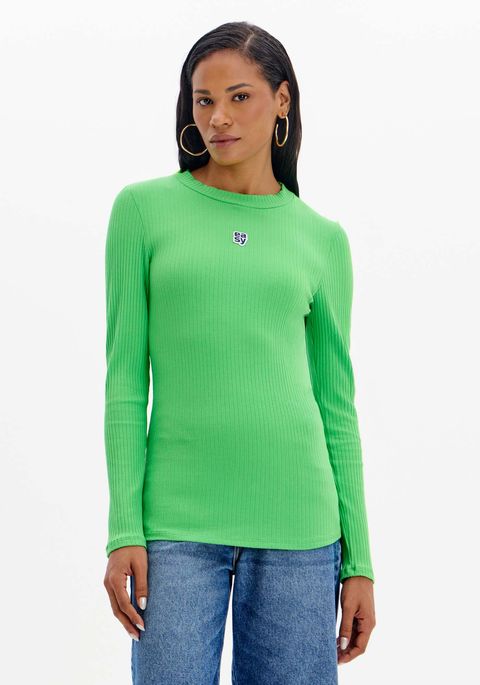 Blusa Canelada Manga Longa Com Logo Frontal
