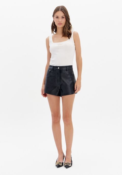 Short Pu Com Cintura Alta E Bolsos