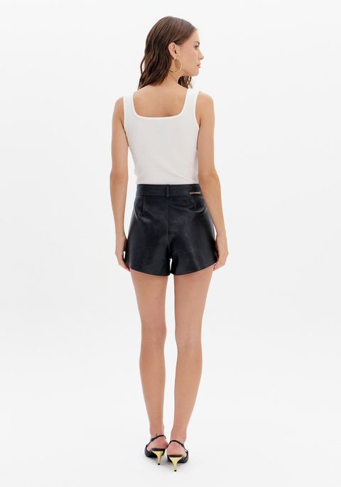 Short Pu Com Cintura Alta E Bolsos