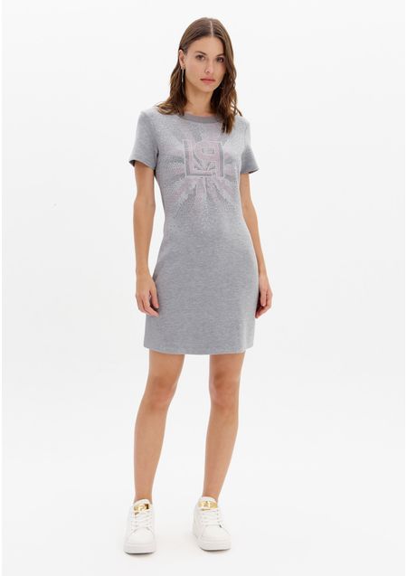 Vestido Curto Manga Curta Com Aplicações De Brilhos