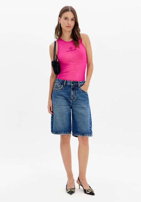 Bermuda Jeans Relaxed Cintura Alta E Bolsos