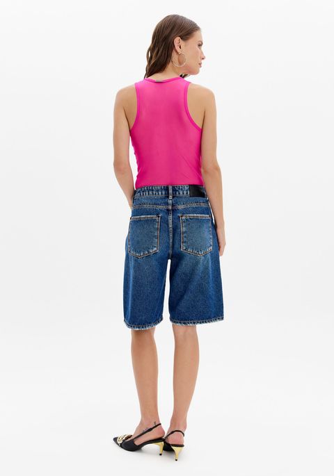 Bermuda Jeans Relaxed Cintura Alta E Bolsos