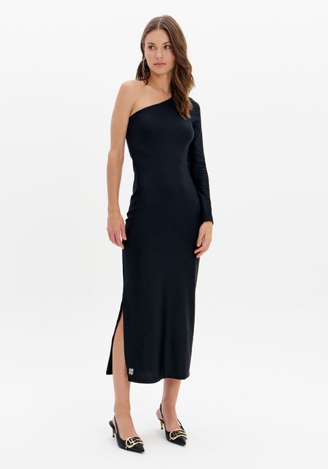 Vestido Super Midi Manga Única Com Fenda Lateral