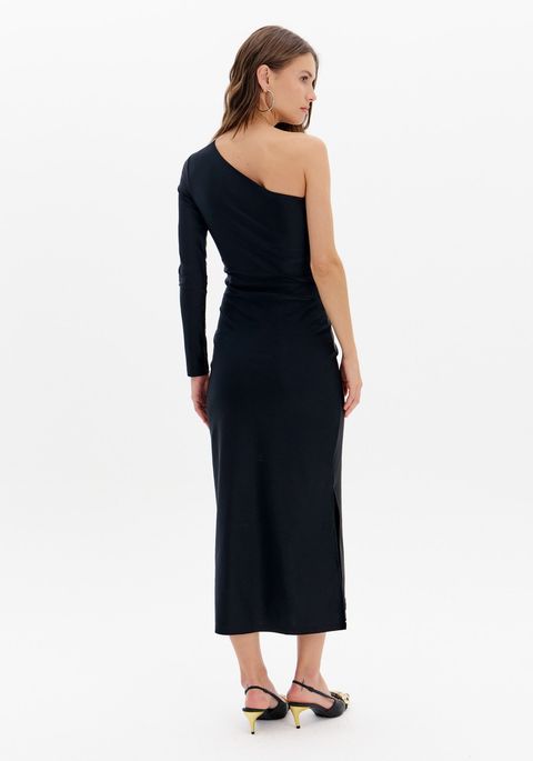 Vestido Super Midi Manga Única Com Fenda Lateral