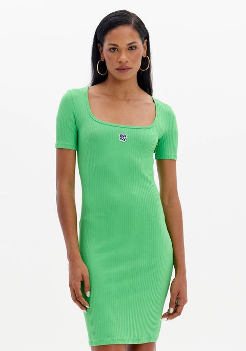 Vestido Curto Canelado Com Logo E Decote Quadrado
