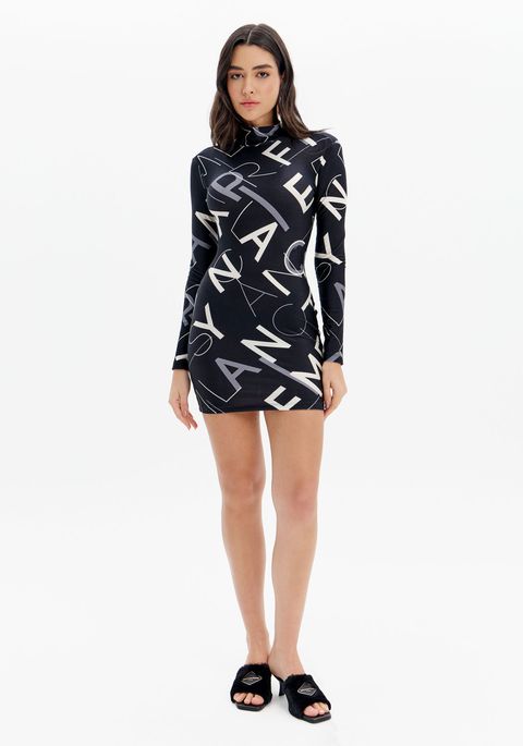 Vestido Estampado Justo Com Gola Alta