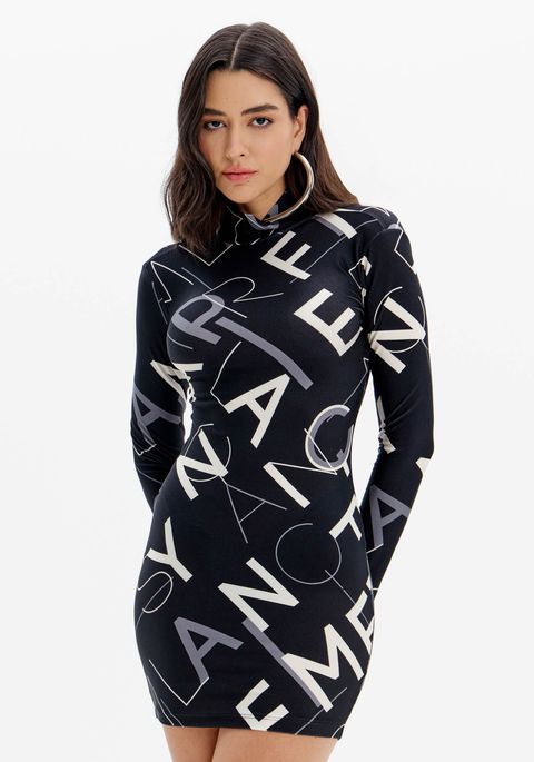 Vestido Estampado Justo Com Gola Alta