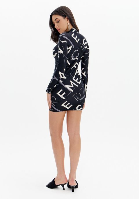 Vestido Estampado Justo Com Gola Alta