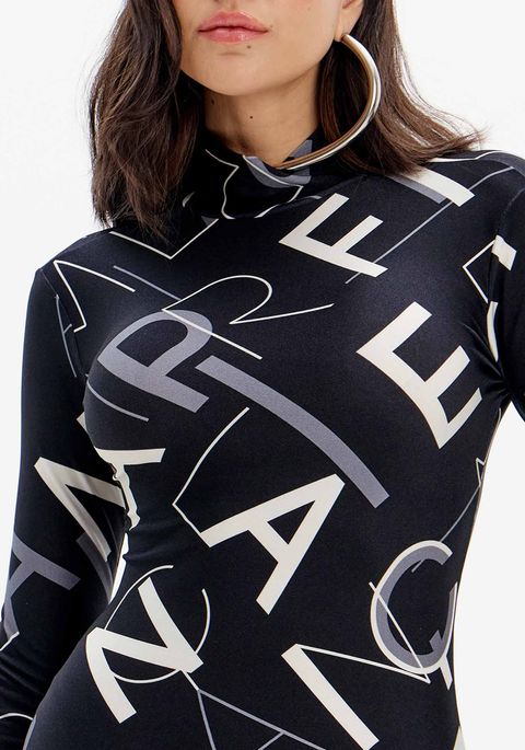 Vestido Estampado Justo Com Gola Alta