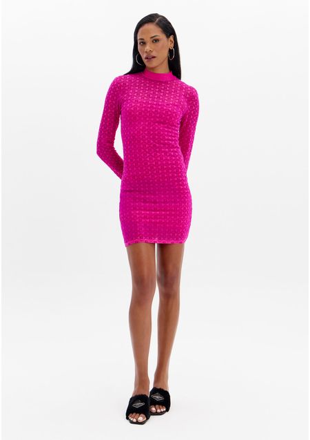 Vestido Curto De Tule Com Gola E Manga Longa
